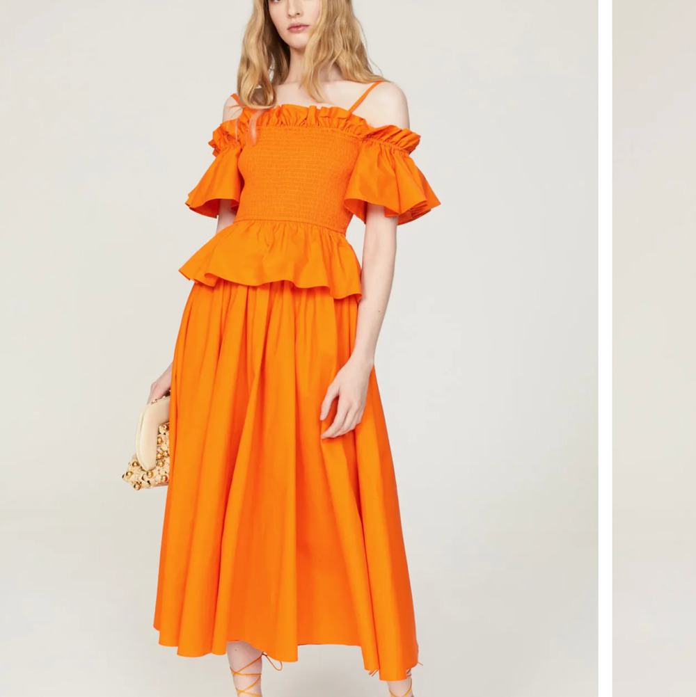 Toccin Orange Midi Dress SMALL Smocked Cottage Ruffle Cotton Designer $500 - Picture 1 of 11